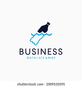 Plastic bottle floating in sea line icon logo Template. Plastic water pollution trash outline vector icon Symbol illustration