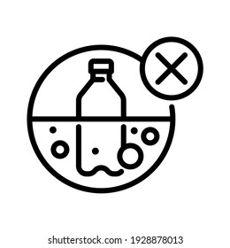 Plastikflasche, die im Meer schwimmt, mit dem Schild "Prohibition". Zeilenvektor. Einzeln auf weißem Hintergrund.