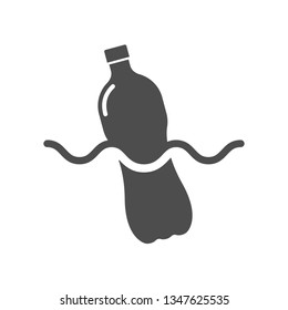 Plastic Bottle Floating In Sea. Stop Using Plastic Products Silhouette Vector Icon. Say No To Plastic. Recycling, Plastic Ban And Stop Pollution To Save Environment And Ecology Of Earth