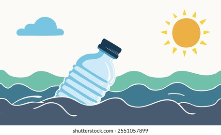 A plastic bottle floating in the sea, symbolizing the harmful effects of plastic pollution on marine life and the environment, highlighting the need for ocean conservation and waste reduction efforts.