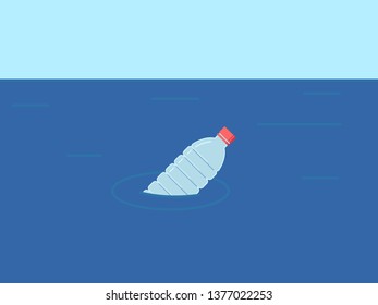 Plastic bottle floats in water. Ecological concept in flat style. Ocean pollution. Environment. Vector illustration.