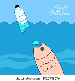 Plastic bottle fragments causing pollution in the ocean. Ocean plastic pollution concept. Vector illustration.