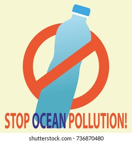 Plastic bottle framed by prohibiting sign. Inscription Stop ocean pollution. Vector illustration. Conceptual eco poster 