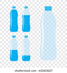 Plastic bottle of fresh aerated water. Set of flat icons isolated on checkered background. Stylized vector eps10 illustration with transparency.