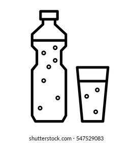 Plastic bottle and glass with drinking water or other liquid. Flat linear vector icon