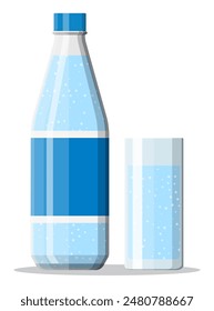 Botella de plástico y vaso de agua mineral pura fresca. Bebida gaseosa carbonatada. Ilustración vectorial en estilo plano