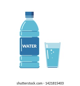 Plastic bottle and glass full of water with bubbles on white background. Flat style icon. Vector illustration.