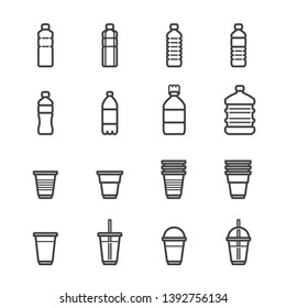 Plastic bottle and glass vector icons set. Simple flat thin line style. Icon included big and small bottles, plastic glass, smoothie, frappe or bubble tea glass.