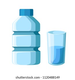 Plastic bottle and glass of water. Flat vector illustration. Isolated on white background.