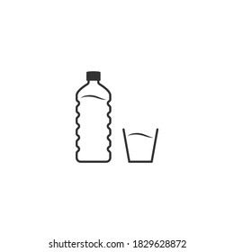 Plastic bottle and glass of water. Line icon. Embossed bottle. Flat design. Vector