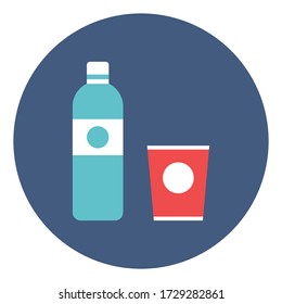 Plastic bottle and glass of water. Vector illustration in trendy flat style.