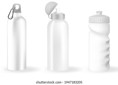 Plastic bottle glossy metal water bottle. Mockup set of plastic blank sport bottles realistic style. Front view. Vector 3d illustration.