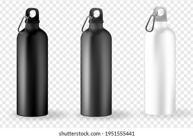 Plastic bottle glossy metal water bottle. Mockup set of plastic blank sport bottles realistic style. Front view. Vector 3d illustration.