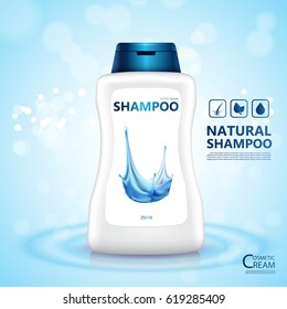 Plastic bottle with hair shampoo. Product with label design. Water and bokeh background