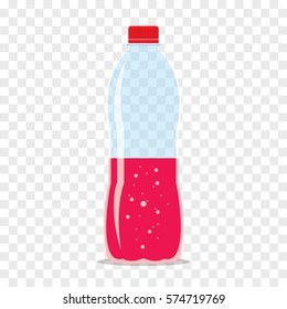Plastic bottle half filled of fresh sparkling raspberry juice. Flat icon isolated on checkered background. Crimson liquid in transparent container. Stylized vector eps10 illustration.