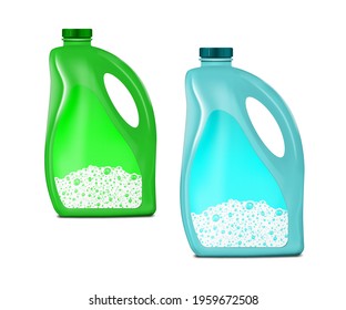 Plastic bottle with handle and screw cap isolated on white background. Blank label with foam pattern. Liquid laundry detergent, cleanser packaging. Vector template. Easy to recolor