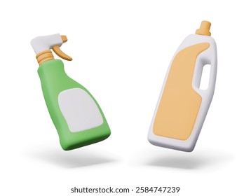 Plastic bottle with handle, spray. Set of containers for liquid detergents. Isolated realistic templates with blank labels. Mockup with place for name, logo, brand