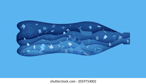 Plastic Bottle from hole with garbage underwater in paper cut style. Blue ocean waves with whale fish crab turtle and other marine animals . 3d realistic vector background for environmental poster.