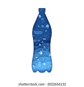 Plastic Bottle from hole with garbage underwater in paper cut style. Blue ocean waves with whale fish crab turtle and other marine animals . 3d realistic vector background for environmental poster.