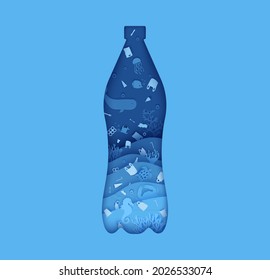 Botella de plástico del agujero con basura bajo el agua en el estilo de corte de papel. Olas oceánicas azules con peces ballena, tortuga de cangrejo y otros animales marinos. 3d fondo vectorial realista para afiche ambiental.