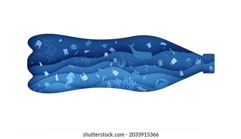 Plastic Bottle from hole with garbage underwater in paper cut style. Blue ocean waves with whale fish crab turtle and other marine animals . 3d realistic vector background for environmental poster.