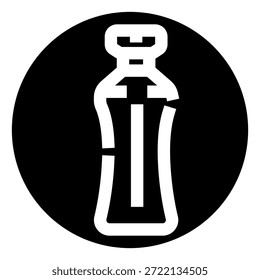 Icono de botella de plástico en blanco y negro sobre un fondo circular, que simboliza la hidratación, el refresco y los refrescos, utilizable para el Web, el móvil, el diseño de aplicaciones o los conceptos de alimentos y bebidas