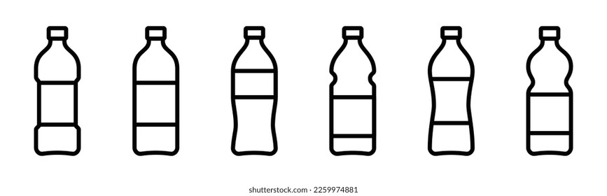 Plastic bottle icon set. Black plastic bottle symbol in line style. Mineral water bottles icons collection, vector illustration