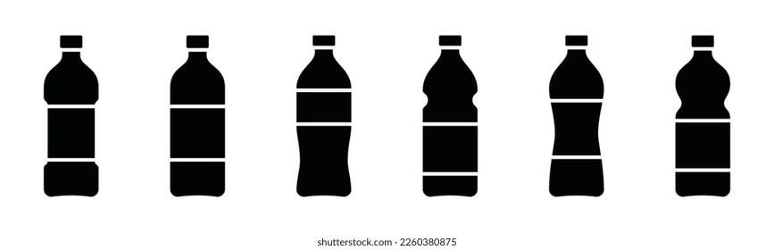 Plastic bottle icon set. Black plastic bottle symbol in flat style. Mineral water bottles icons collection, vector illustration