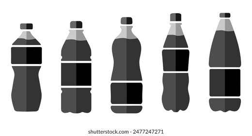 Plastic bottle icon set. Black water bottles type illustration. Bottled beverage symbol.