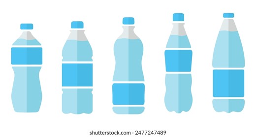 Plastic bottle icon set. Blue water bottles type illustration. Bottled beverage symbol.