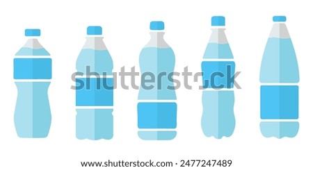 Plastic bottle icon set. Blue water bottles type illustration. Bottled beverage symbol.