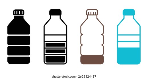 Plastic bottle icon set isolated on white background. Water bottle flat line style set. Pet bottle plastic. Small and large bottles for water, milk and other drinks. Vector illustration, EPS 10