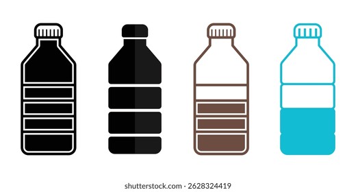 Plastic bottle icon set isolated on white background. Water bottle flat line style set. Pet bottle plastic. Small and large bottles for water, milk and other drinks. Vector illustration, EPS 10