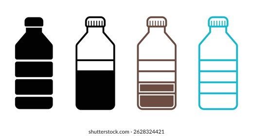 Plastic bottle icon set isolated on white background. Water bottle flat line style set. Pet bottle plastic. Small and large bottles for water, milk and other drinks. Vector illustration, EPS 10