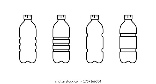 Plastic bottle icon set  Linear emblem ribbed PET recycling packaging  Black simple illustration tall container for water  liquid  oil  Contour isolated vector clipart white background