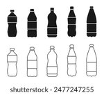 Plastic bottle icon set.Black water bottles type illustration. Outline bottle symbol
