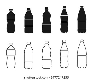 Conjunto de iconos de botellas de plástico. Ilustración tipo botellas de agua negras. Símbolo de botella de contorno