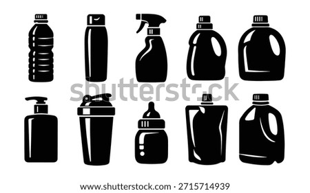 Plastic bottle icons set in black and white flat style. Various containers for drink, cleaning and hygiene. Isolated on transparent background.