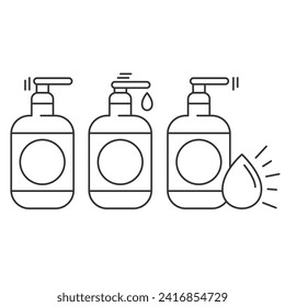 Plastic bottle icons set with dispenser pump for liquid soap, gel,lotion,cream,shampoo,bath foam and other cosmetics.Instructions for use.Editable Stroke. Vector illustration EPS 10. 