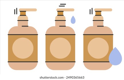 Plastic bottle icons set with dispenser pump for liquid soap, gel,lotion,cream, shampoo,bath foam and other cosmetics.Instructions for use.Editable Stroke. Vector illustration EPS 10.