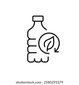 Plastic bottle and leaf in recycling arrow. Sustainable living, eco-friendly food and beverage packaging. Pixel perfect vector icon
