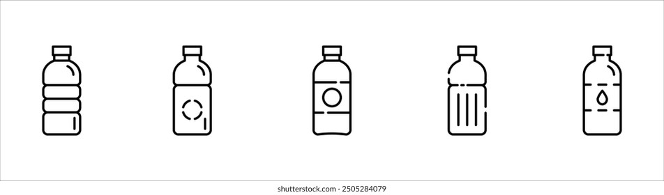 Colección de forma de conjunto de iconos de línea de botella de plástico, Ilustración vectorial de diseño de línea delgada, sobre fondo blanco.