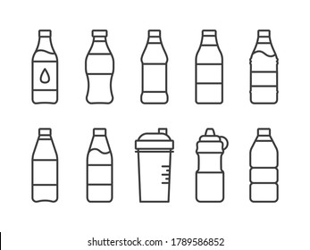 Iconos de línea de botella de plástico con etiquetas y agua. Contenedores para refrescos y bebidas deportivas. Símbolo de seguimiento diario del agua.
Ilustraciones vectoriales aisladas sobre fondo blanco, EPS10.