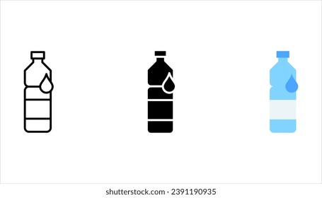 Iconos de línea de botella de plástico con etiquetas y agua. Contenedores para refrescos y bebidas deportivas. ilustración vectorial sobre fondo blanco