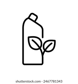 Botella de plástico de limpiador líquido con el icono de contorno de hojas. Símbolo de paquete biodegradable. Ilustración vectorial aislada 