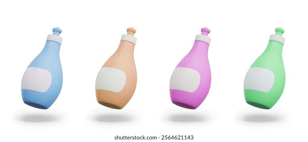 Plastic bottle for liquid detergent. Container for kitchen soap with dispenser. Vector mockup, blank label template. Isolated elements of different colors