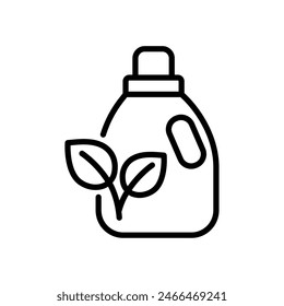 Plastic bottle of liquid detergent with leaves outline icon. Biodegradable package symbol. Isolated vector illustration 