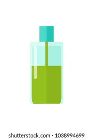 Plastic bottle, and liquid of green color, cosmetic and gel, cream and liquid put in container, vector illustration, isolated on white background