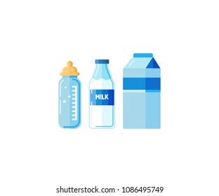 Plastic bottle milk set. Drinking milk packaged in PET Bottle. Baby bottle vector illustration. 