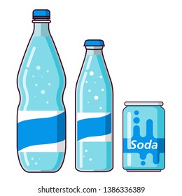 Plastic bottle of mineral water.Soda water carbonated.Sparkling water with clear bubbles.Drink in aluminum can.Flat vector.Isolated on a white background.